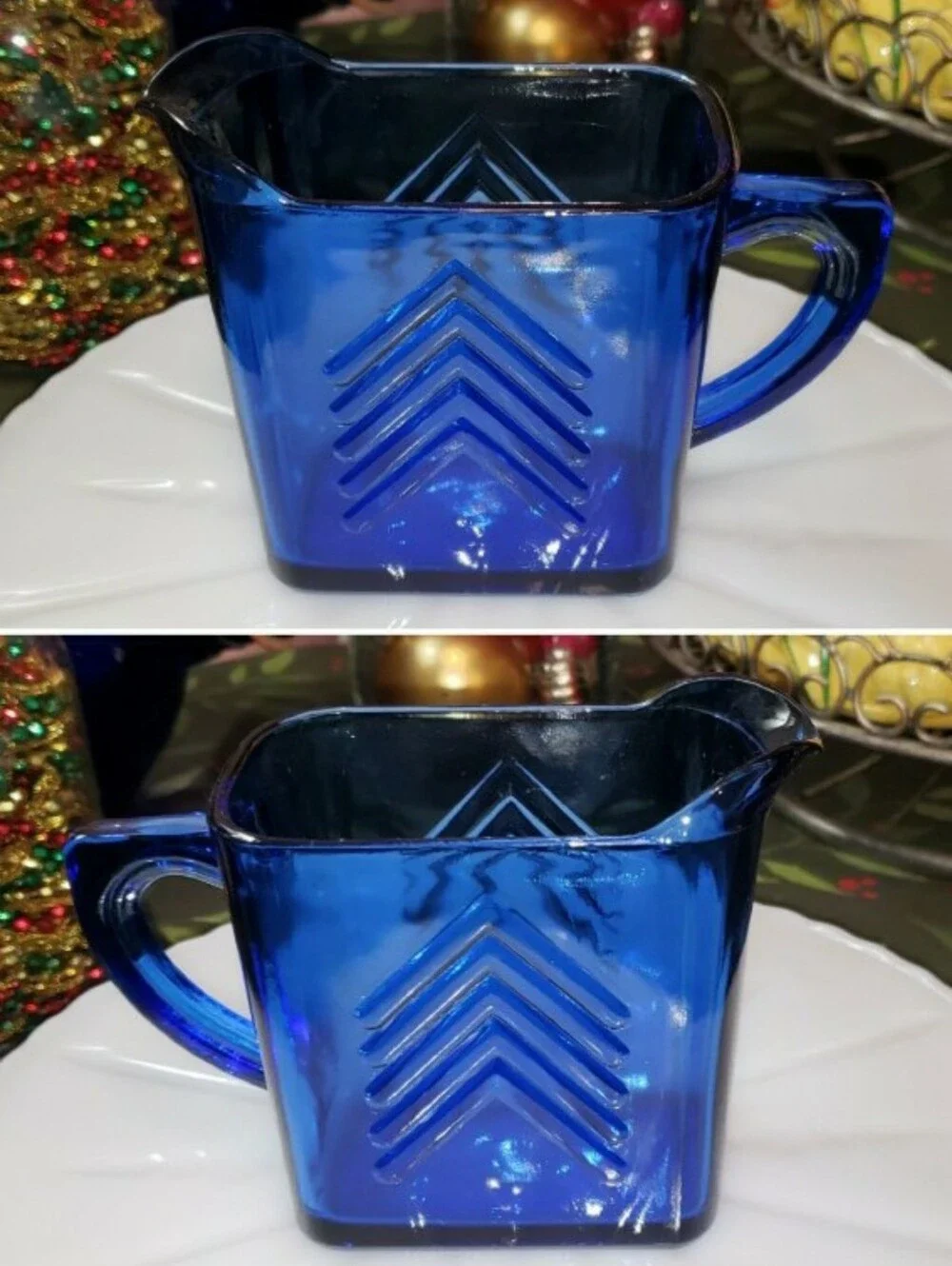 Set Of Three (3) Vintage Hazel Atlas Cobalt Blue Creamer & Sugar Set